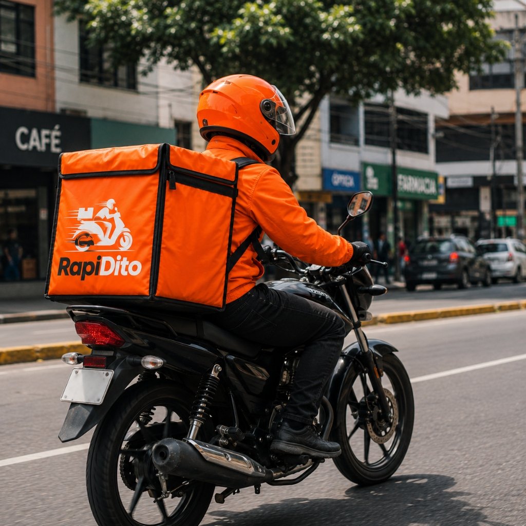 Piloto Rapidito entregando pedido en moto